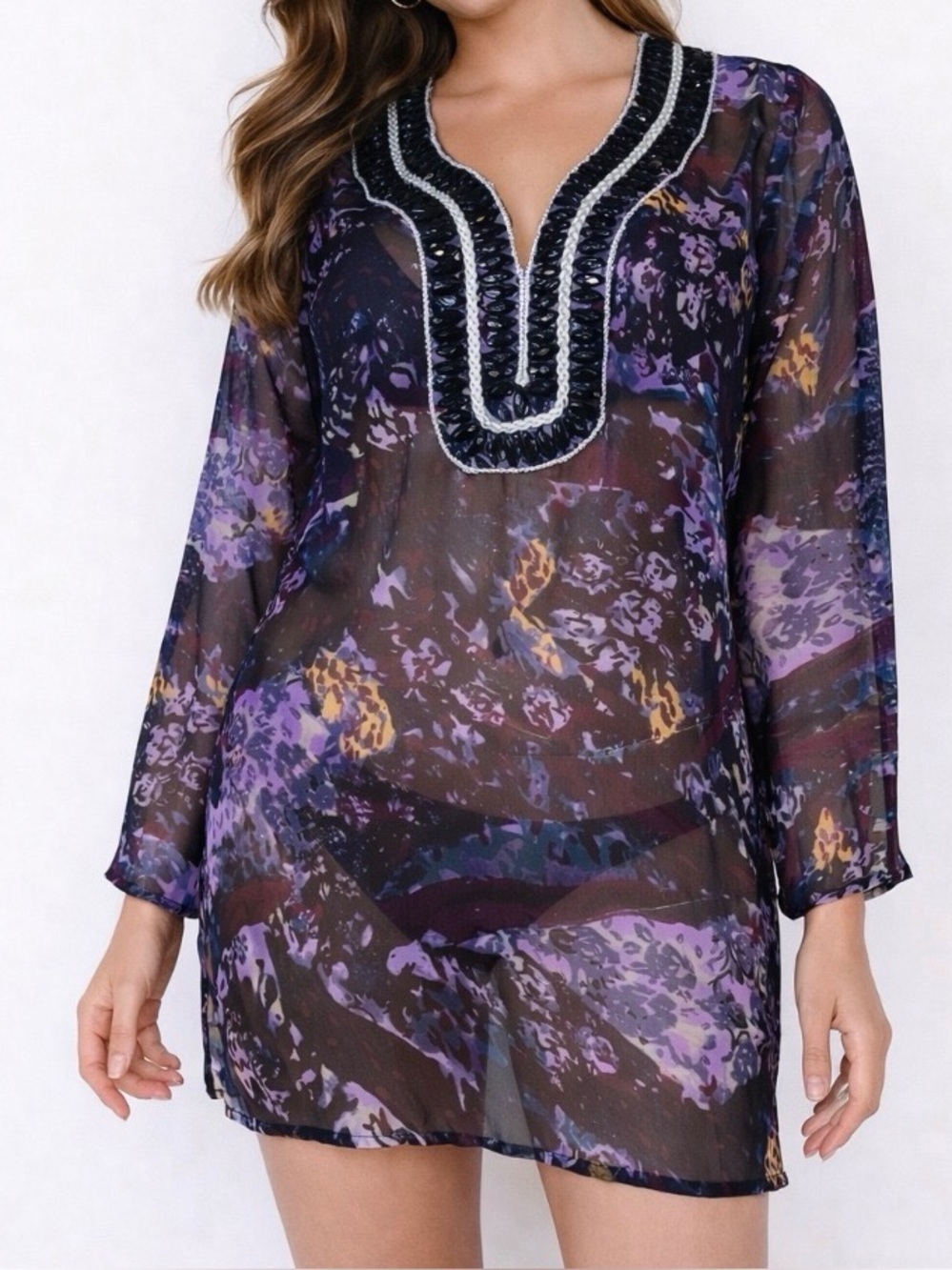 Andrea Jovine beaded neckline top semi sheer lightweight tunic SZ SM semi sheer